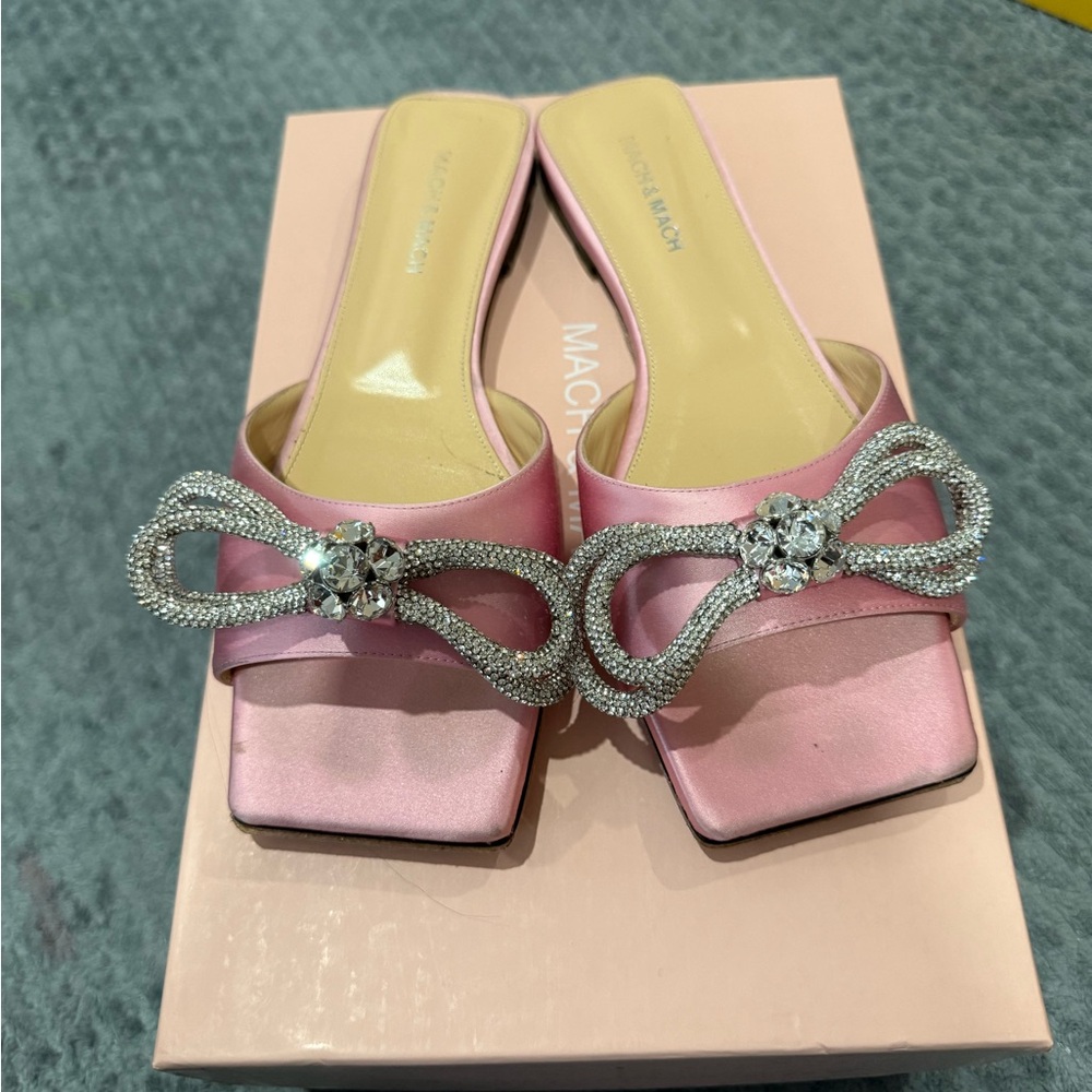 Mach & Mach Pink Satin Slide Sandals with Crystal Bow - Picture 2 of 7
